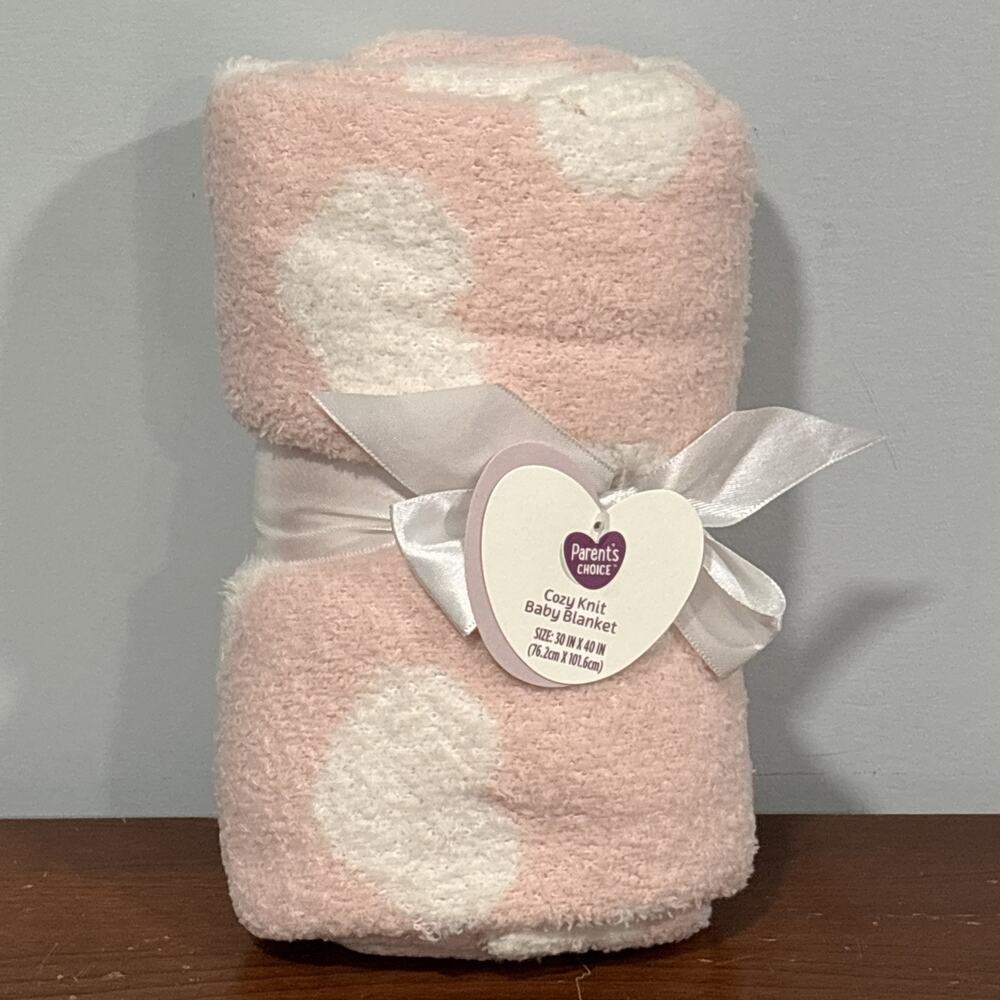 HTF NWT Parents Choice Walmart Pink White Hearts Chenille Cozy Knit Baby Blanket